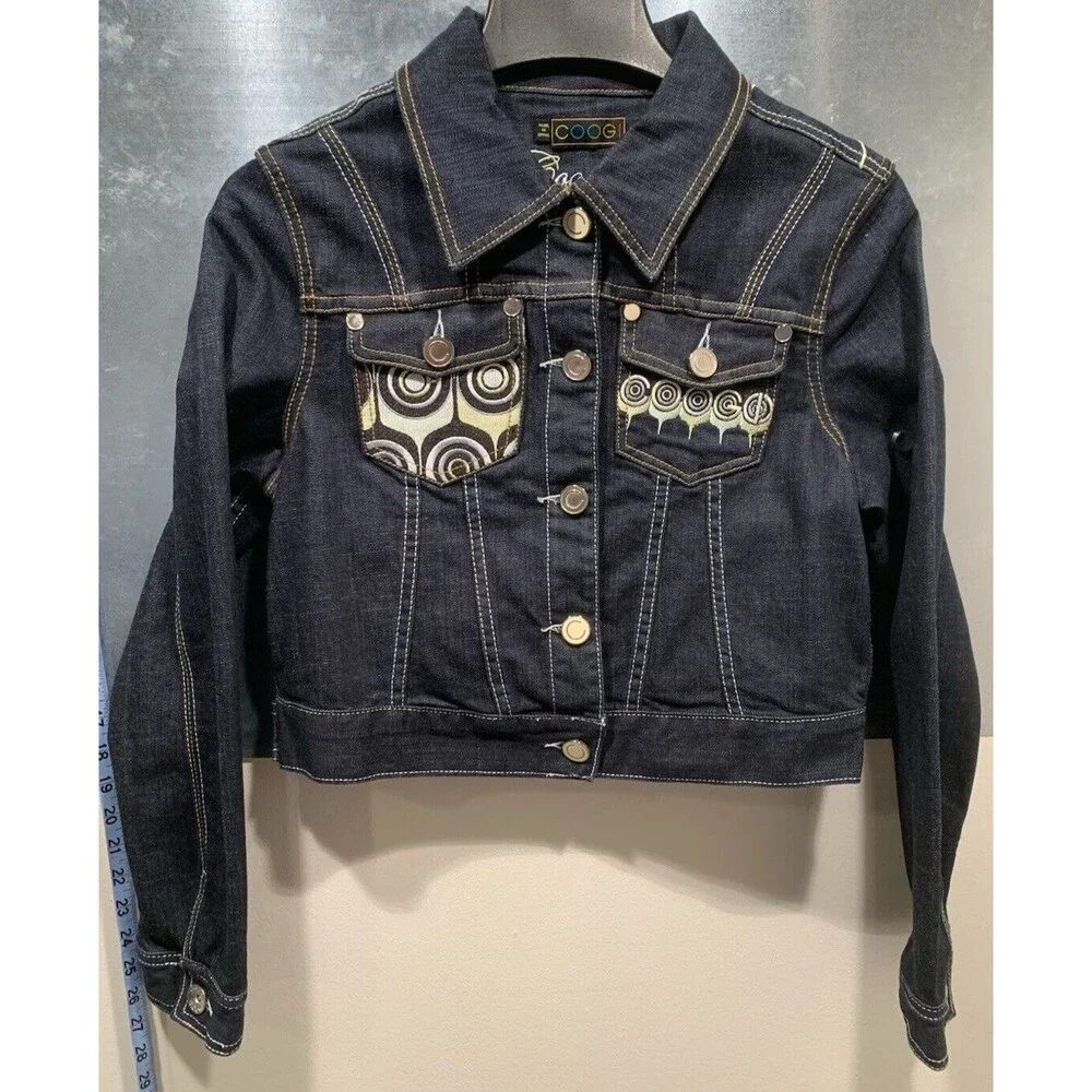 NEW Coogi Australia Heavily Embroidered Cropped Denim Jacket Junior Girl Sz L